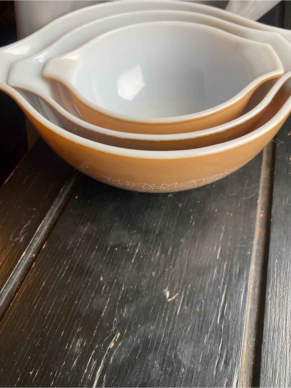 Pyrex Brown and Cream Nesting Mixing Bowl Set of 3 1970